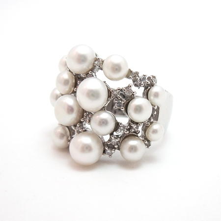 White Freshwater Pearl Scatter Ring w/CZs - Click Image to Close